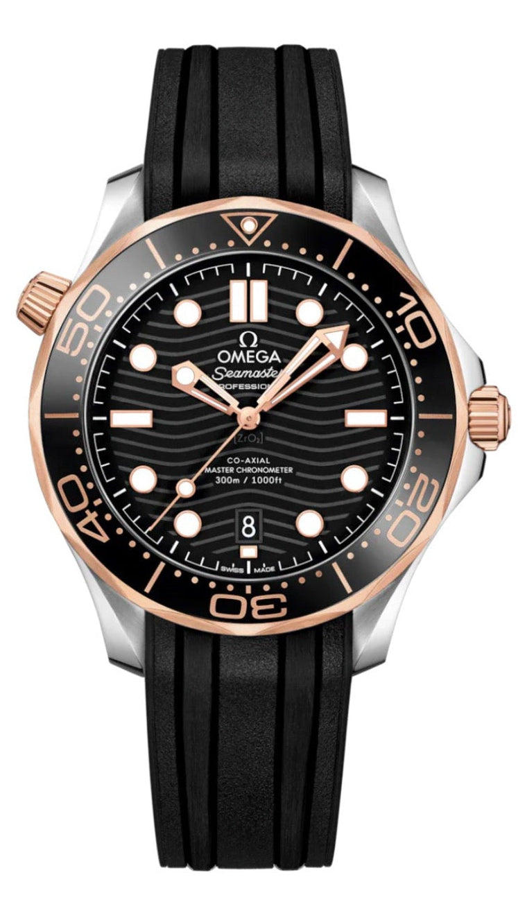 Omega Seamaster Submariner Date watch with a black dial, black bezel, and black rubber strap, featuring a silver-toned stainless steel case with rose gold accents on the case and crown.