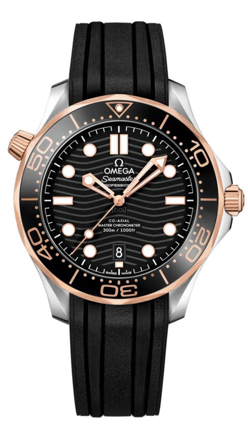 Omega Seamaster Submariner Date watch with a black dial, black bezel, and black rubber strap, featuring a silver-toned stainless steel case with rose gold accents on the case and crown.